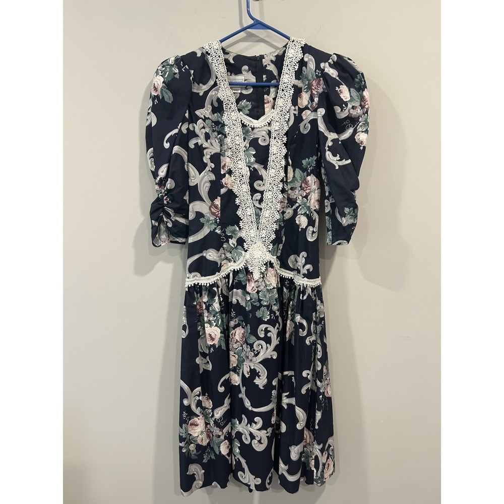 Vintage Jessica McClintock Gunne Sax Dress 11/12 Navy Cottagecore Prairie 90s